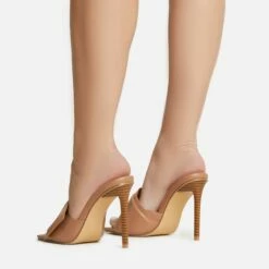 EGO Plush Velcro Strap Detail Square Peep Toe Stiletto Heel Mule In Nude Faux Leather -EGO Sales Store 30 11 22 fw39663 sb