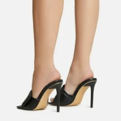 EGO Plush Velcro Strap Detail Square Peep Toe Stiletto Heel Mule In Black Faux Leather -EGO Sales Store 30 11 22 fw39668 sb