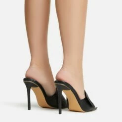 EGO Plush Velcro Strap Detail Square Peep Toe Stiletto Heel Mule In Black Faux Leather -EGO Sales Store 30 11 22 fw39669 sb2
