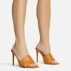 EGO Plush Velcro Strap Detail Square Peep Toe Stiletto Heel Mule In Tan Brown Faux Leather -EGO Sales Store 30 11 22 fw39671 s