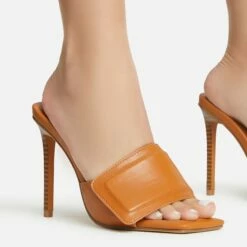 EGO Plush Velcro Strap Detail Square Peep Toe Stiletto Heel Mule In Tan Brown Faux Leather -EGO Sales Store 30 11 22 fw39672 sq