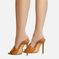 EGO Plush Velcro Strap Detail Square Peep Toe Stiletto Heel Mule In Tan Brown Faux Leather -EGO Sales Store 30 11 22 fw39673 sb