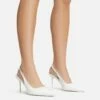 EGO I-Still-Do Pointed Toe Slingback Low Stiletto Court Heel In White Faux Leather