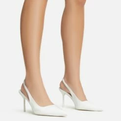EGO I-Still-Do Pointed Toe Slingback Low Stiletto Court Heel In White Faux Leather