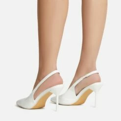 EGO I-Still-Do Pointed Toe Slingback Low Stiletto Court Heel In White Faux Leather -EGO Sales Store 30 11 22 fw39683 sb