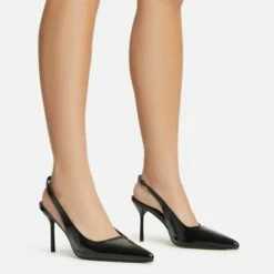 EGO I-Still-Do Pointed Toe Slingback Low Stiletto Court Heel In Black Faux Leather