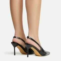 EGO I-Still-Do Pointed Toe Slingback Low Stiletto Court Heel In Black Faux Leather -EGO Sales Store 30 11 22 fw39689 sb