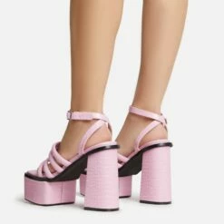 EGO Perocious Strappy Square Toe Platform Block Heel In Pink Croc Print Faux Leather -EGO Sales Store 30 11 22 fw39703 sb
