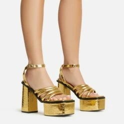EGO Perocious Strappy Square Toe Platform Block Heel In Gold Croc Print Faux Leather