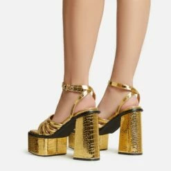 EGO Perocious Strappy Square Toe Platform Block Heel In Gold Croc Print Faux Leather -EGO Sales Store 30 11 22 fw39709 sb