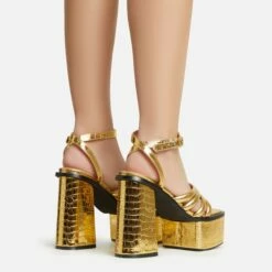 EGO Perocious Strappy Square Toe Platform Block Heel In Gold Croc Print Faux Leather -EGO Sales Store 30 11 22 fw39710 sb2
