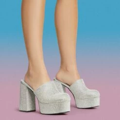 EGO Wilkinson Closed Toe Platform Block Heel Mule In Silver Diamante