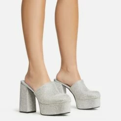 EGO Wilkinson Closed Toe Platform Block Heel Mule In Silver Diamante -EGO Sales Store 30 11 22 fw39737 sqq