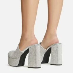 EGO Wilkinson Closed Toe Platform Block Heel Mule In Silver Diamante -EGO Sales Store 30 11 22 fw39739 sb2