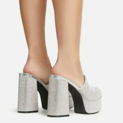 EGO Wilkinson Closed Toe Platform Block Heel Mule In Silver Diamante -EGO Sales Store 30 11 22 fw39740 sb