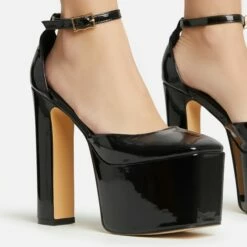 EGO Popped Ankle Strap Square Toe Platform Block Heel In Black Patent -EGO Sales Store 30 11 22 fw39764 sq