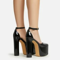 EGO Popped Ankle Strap Square Toe Platform Block Heel In Black Patent -EGO Sales Store 30 11 22 fw39766 sb