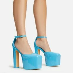 EGO Popped Ankle Strap Square Toe Platform Block Heel In Blue Patent