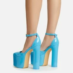 EGO Popped Ankle Strap Square Toe Platform Block Heel In Blue Patent -EGO Sales Store 30 11 22 fw39770 sb