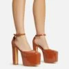 EGO Popped Ankle Strap Square Toe Platform Block Heel In Tan Brown Patent -EGO Sales Store 30 11 22 fw39773 sqq