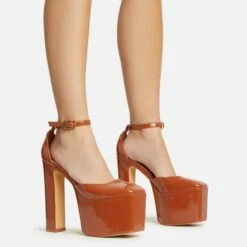 EGO Popped Ankle Strap Square Toe Platform Block Heel In Tan Brown Patent