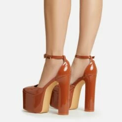 EGO Popped Ankle Strap Square Toe Platform Block Heel In Tan Brown Patent -EGO Sales Store 30 11 22 fw39775 sb2