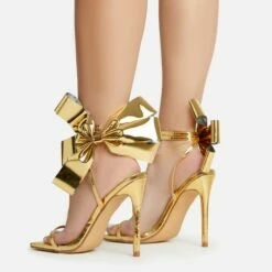 EGO Beau Oversized Bow Detail Square Toe Stiletto Heel In Gold Faux Leather -EGO Sales Store 30 11 22 fw39785 sb