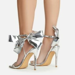 EGO Beau Oversized Bow Detail Square Toe Stiletto Heel In Silver Faux Leather -EGO Sales Store 30 11 22 fw39790 sb