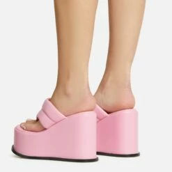 EGO Lizzie Padded Thong Strap Platform Wedge Heel Mule In Pink Faux Leather -EGO Sales Store 30 11 22 fw39892 sq