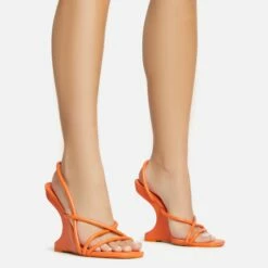 EGO Thriller Strappy Detail Square Toe Sling Back Cut Out Wedge Heel In Orange Faux Leather -EGO Sales Store 30 11 22 fw39905 s