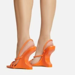 EGO Thriller Strappy Detail Square Toe Sling Back Cut Out Wedge Heel In Orange Faux Leather -EGO Sales Store 30 11 22 fw39907 sb