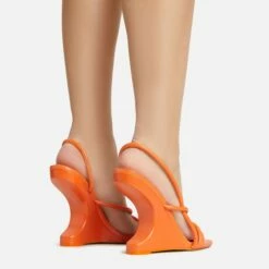 EGO Thriller Strappy Detail Square Toe Sling Back Cut Out Wedge Heel In Orange Faux Leather -EGO Sales Store 30 11 22 fw39908 sb2