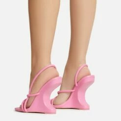 EGO Thriller Strappy Detail Square Toe Sling Back Cut Out Wedge Heel In Pink Faux Leather -EGO Sales Store 30 11 22 fw39912 sb