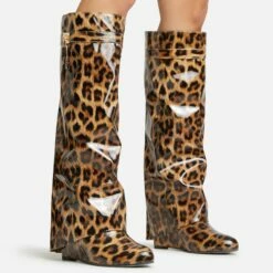 EGO I-Am-The-One Padlock Detail Wedge Heel Knee High Long Boot In Leopard Print Patent -EGO Sales Store 30 11 22 fw39919 sq
