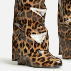 EGO I-Am-The-One Padlock Detail Wedge Heel Knee High Long Boot In Leopard Print Patent -EGO Sales Store 30 11 22 fw39921 sq