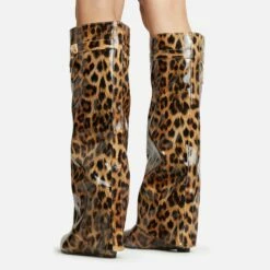 EGO I-Am-The-One Padlock Detail Wedge Heel Knee High Long Boot In Leopard Print Patent -EGO Sales Store 30 11 22 fw39922 sq
