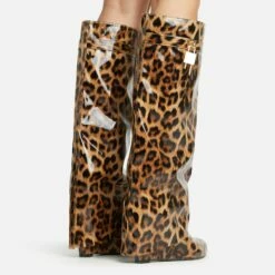 EGO I-Am-The-One Padlock Detail Wedge Heel Knee High Long Boot In Leopard Print Patent -EGO Sales Store 30 11 22 fw39923 sq