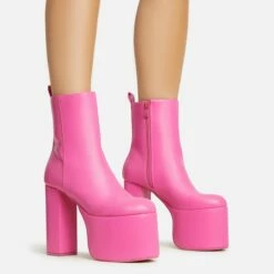 Front Page 30 EGO Impression Closed Toe Platform Block Heel Ankle Boot In Fuchsia Pink Faux Leather