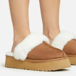 EGO Sugar Faux Fur Trim Platform Slipper In Chestnut Brown Faux Suede -EGO Sales Store 30 11 22 fw40004 sq