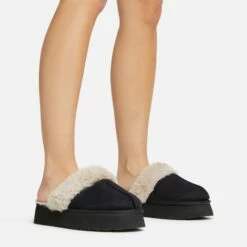 EGO Sugar Faux Fur Trim Platform Slipper In Black Faux Suede -EGO Sales Store 30 11 22 fw40008 sq