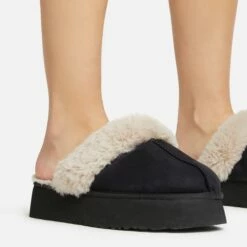 EGO Sugar Faux Fur Trim Platform Slipper In Black Faux Suede -EGO Sales Store 30 11 22 fw40009 sq