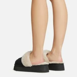 EGO Sugar Faux Fur Trim Platform Slipper In Black Faux Suede -EGO Sales Store 30 11 22 fw40010 sq
