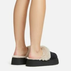 EGO Sugar Faux Fur Trim Platform Slipper In Black Faux Suede -EGO Sales Store 30 11 22 fw40011 sq
