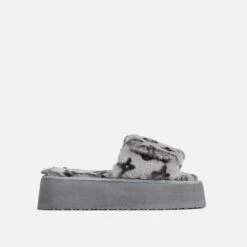 EGO Chrie Velcro Strap Printed Detail Flatform Slipper In Grey Faux Fur -EGO Sales Store 30 11 22 fw40064 sq