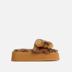 EGO Chrie Velcro Strap Printed Detail Flatform Slipper In Tan Brown Faux Fur -EGO Sales Store 30 11 22 fw40065 sq