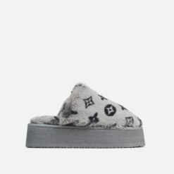 EGO Warren Closed Toe Printed Detail Flatform Slipper In Grey Faux Fur -EGO Sales Store 30 11 22 fw40067 sq