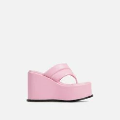 EGO Lizzie Padded Thong Strap Platform Wedge Heel Mule In Pink Faux Leather -EGO Sales Store 30 11 22 fw40077 sq