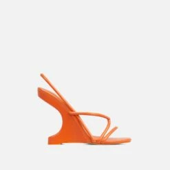 EGO Thriller Strappy Detail Square Toe Sling Back Cut Out Wedge Heel In Orange Faux Leather -EGO Sales Store 30 11 22 fw40084 sq