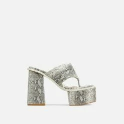 EGO Edge Padded Thong Strap Detail Square Toe Platform Block Heel Mule In Beige Snake Print Faux Leather -EGO Sales Store 30 11 22 fw40108 sq
