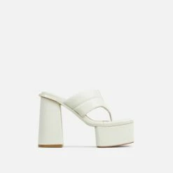 EGO Edge Padded Thong Strap Detail Square Toe Platform Block Heel Mule In Cream Faux Leather -EGO Sales Store 30 11 22 fw40116 sq